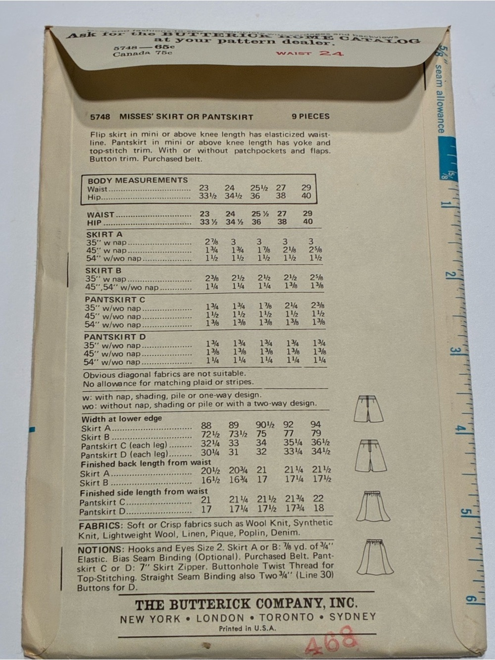 Vintage Butterick 5748 Uncut Factory Fold Mini Skirt & Pantskirt Sewing Pattern - Picture 2 of 11